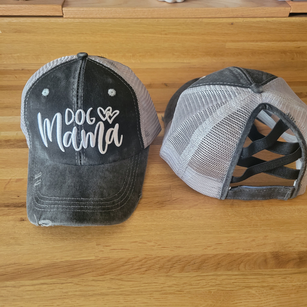 Distressed Embroidered Criss Cross Ponytail Hat - 24 Options
