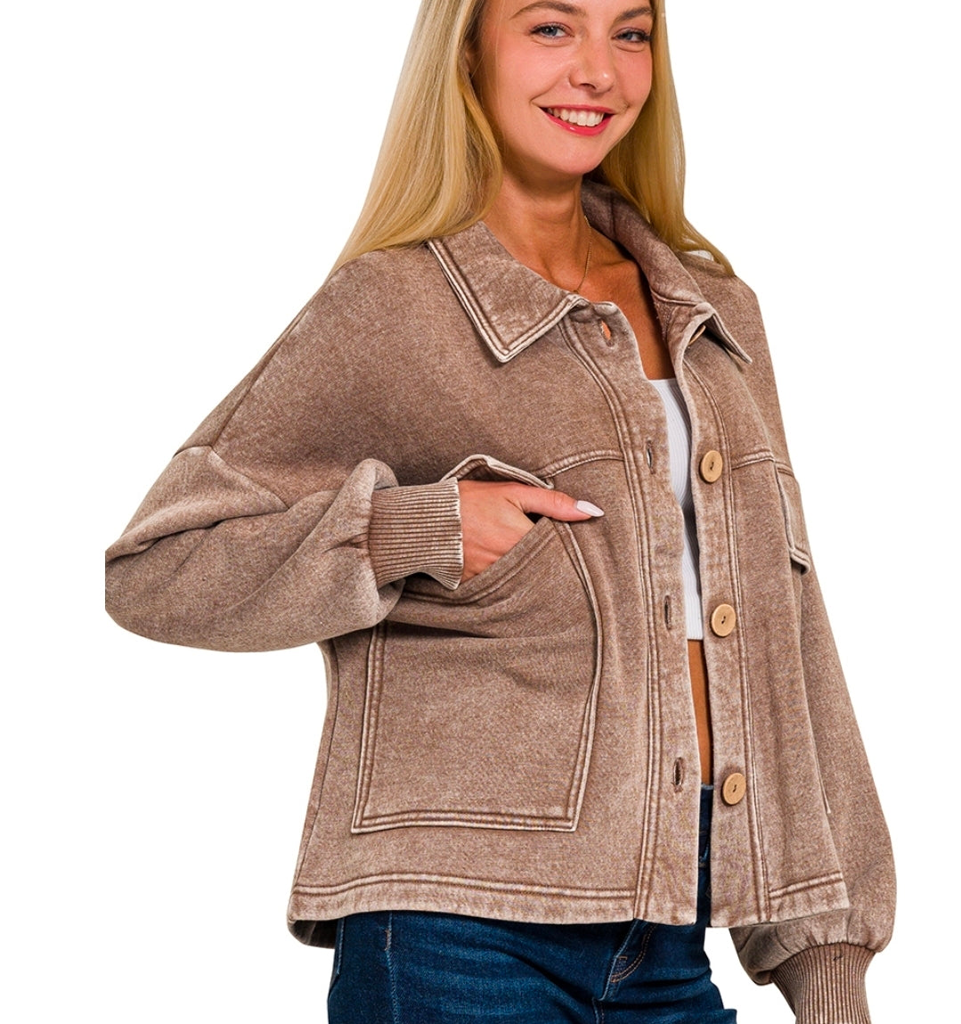 Mocha acid wash fleece cropped shacket with front pockets.