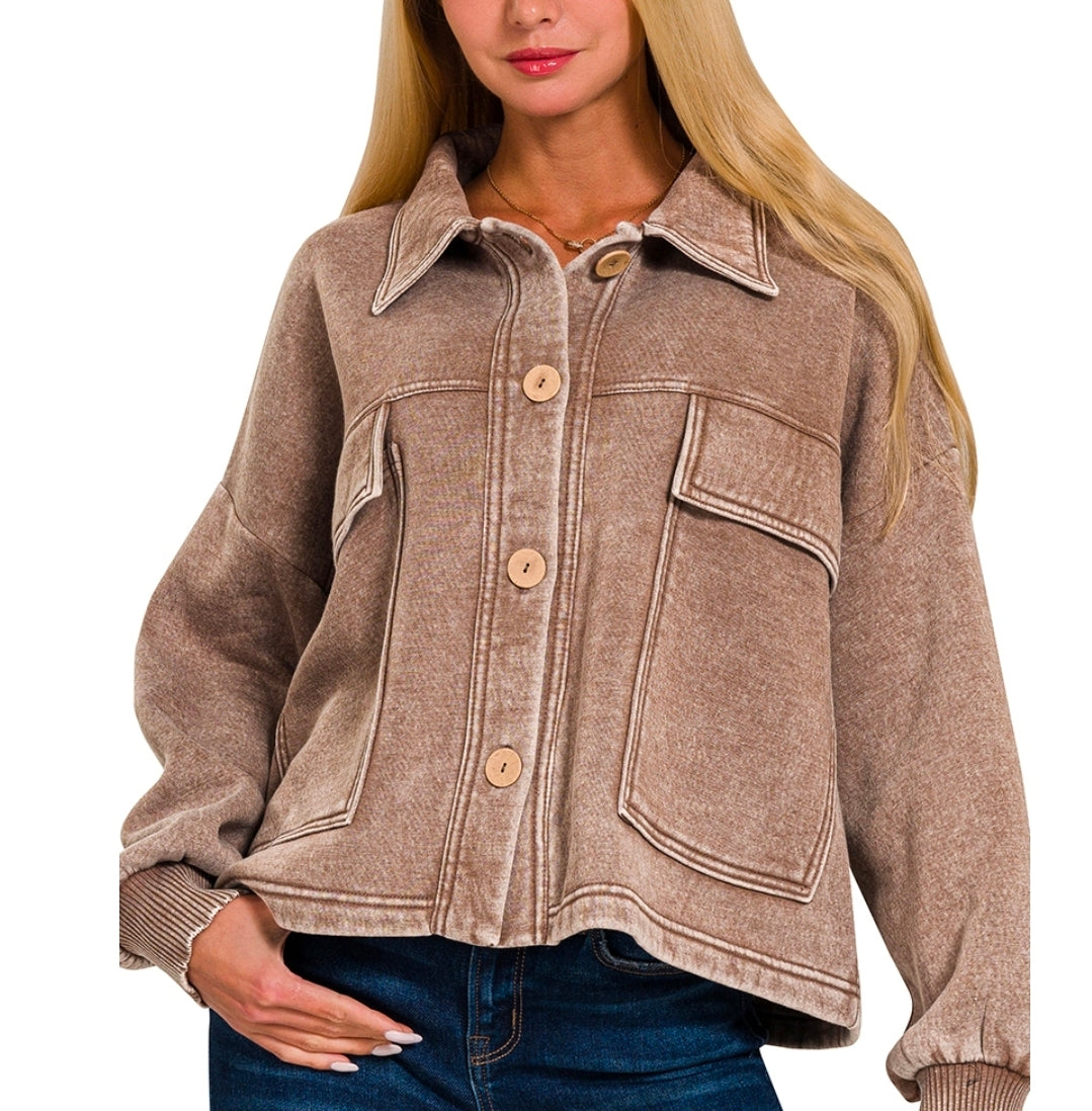 Mocha acid wash fleece cropped shacket with front pockets.