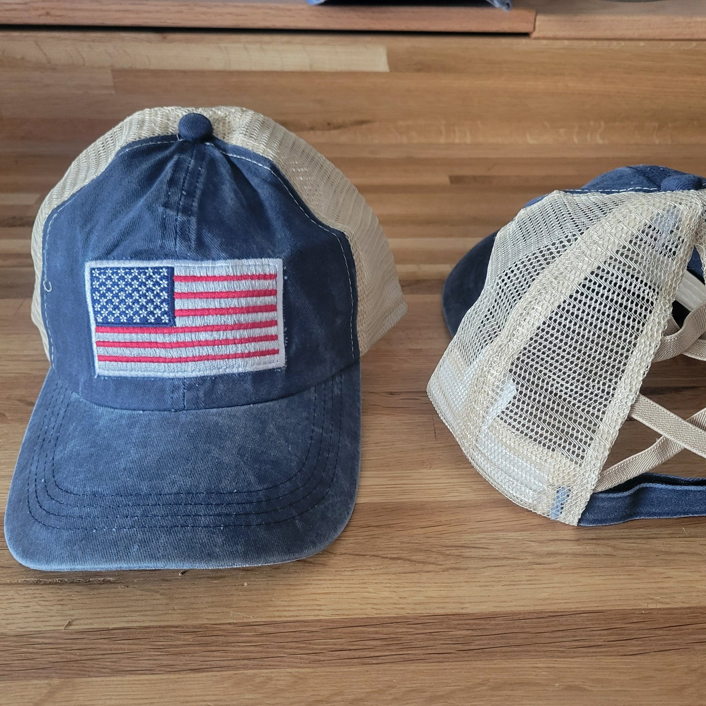 Distressed Embroidered American Flag Criss Cross Ponytail Hat - Gals and Dogs Boutique Limited