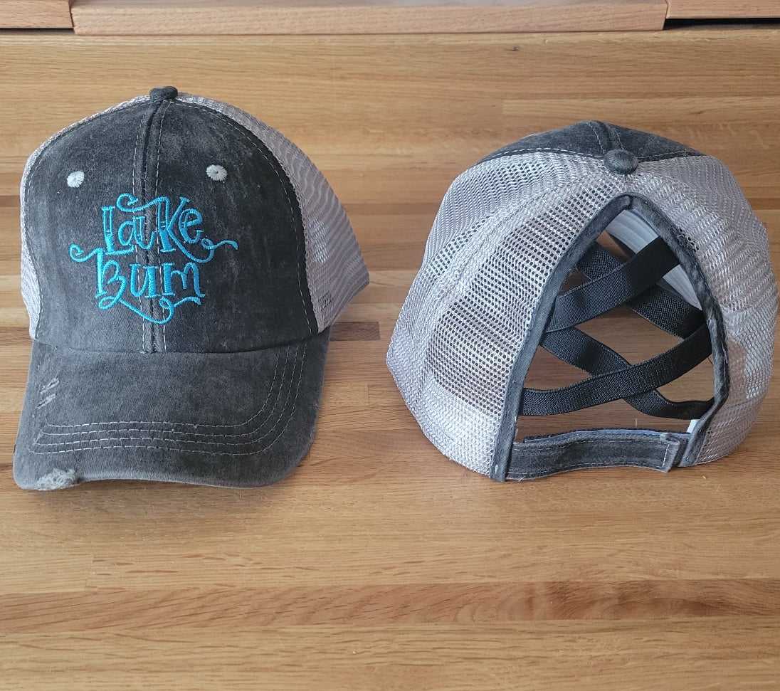 Distressed embroidered Lake Bum Criss Cross Ponytail Hat - Gals and Dogs Boutique Limited