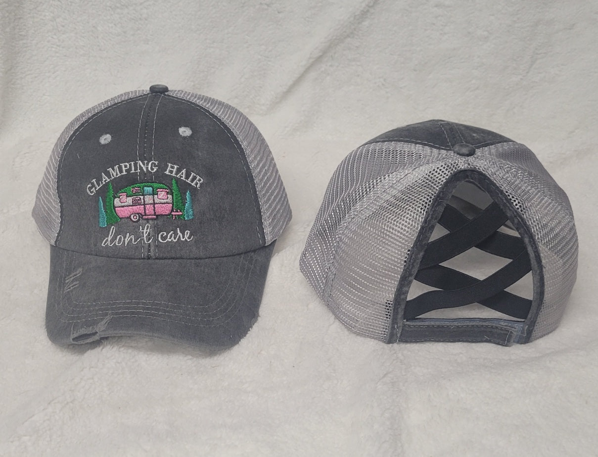 Distressed embroidered Glamping Hair Criss Cross Ponytail Hat - Gals and Dogs Boutique Limited