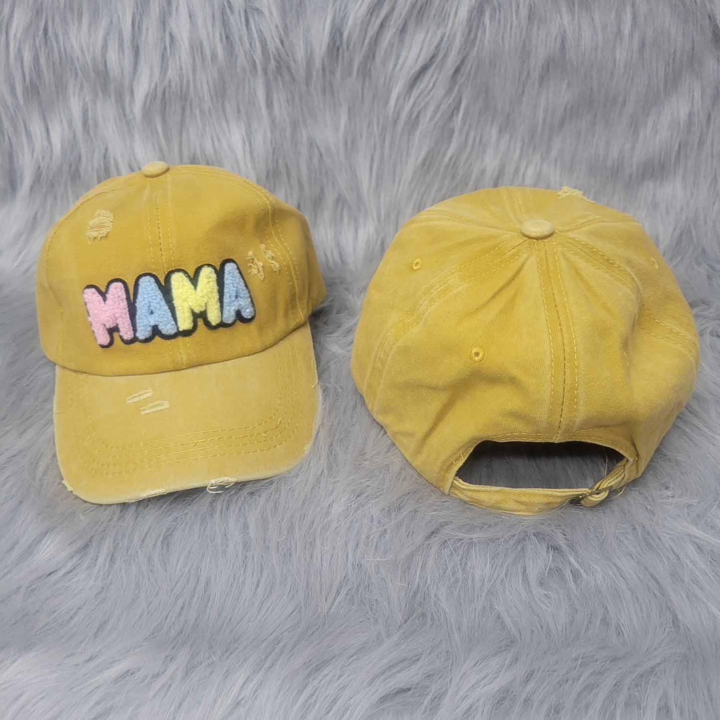 Mustard Distressed Hat with Colorful Mama Embroidery - Gals and Dogs Boutique Limited