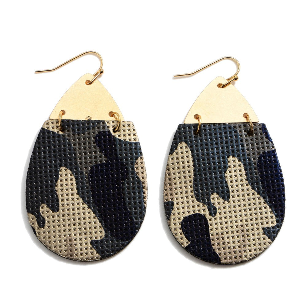 Faux Leather Camouflage Teardrop Earrings Featuring a Gold Metal Accent - Gals and Dogs Boutique Limited