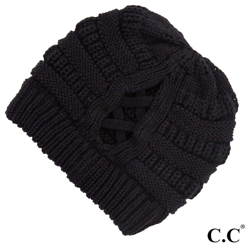 Ribbed Knit Beanie Featuring Criss-Cross Ponytail Detail