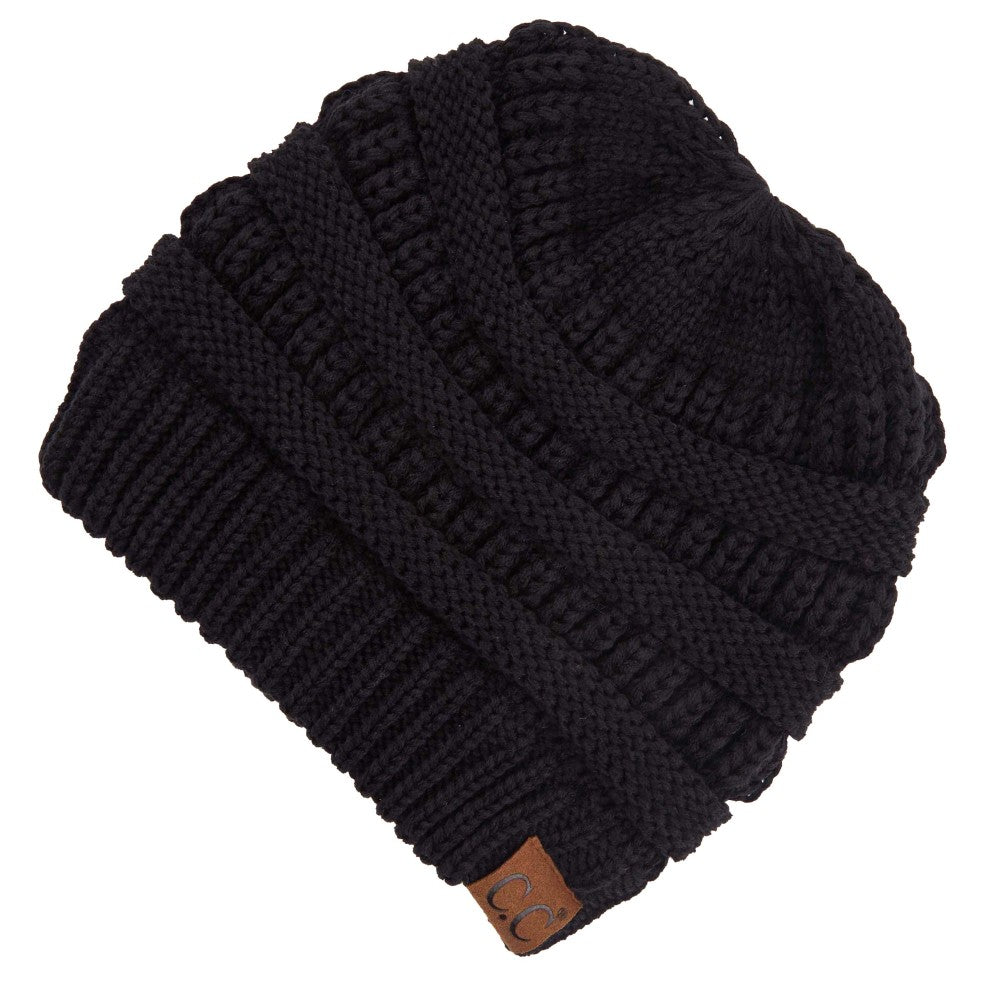 Ribbed Knit Beanie Featuring Criss-Cross Ponytail Detail