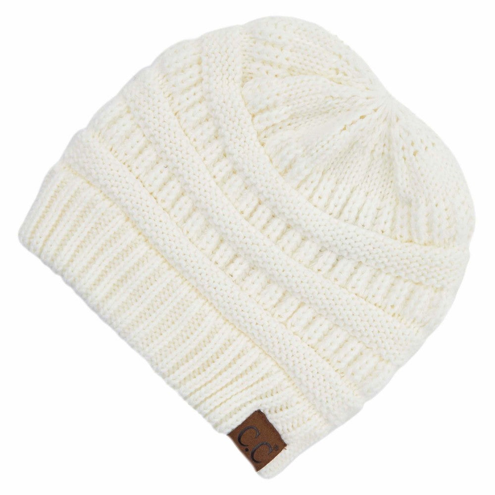 Ribbed Knit Beanie Featuring Criss-Cross Ponytail Detail