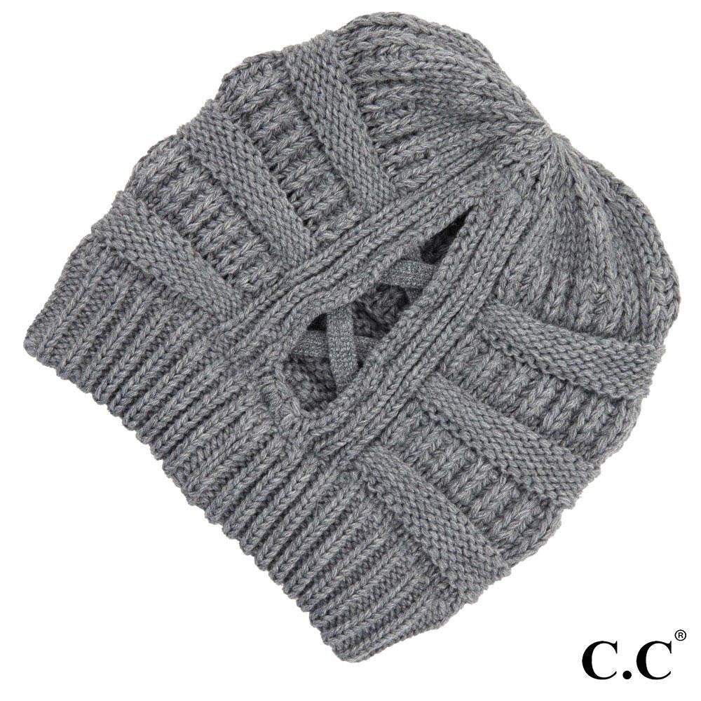 Ribbed Knit Beanie Featuring Criss-Cross Ponytail Detail