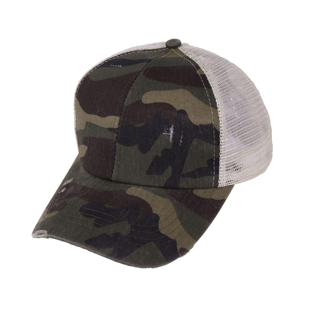 Distressed Camo Criss Cross Ponytail Hat - Gals and Dogs Boutique Limited