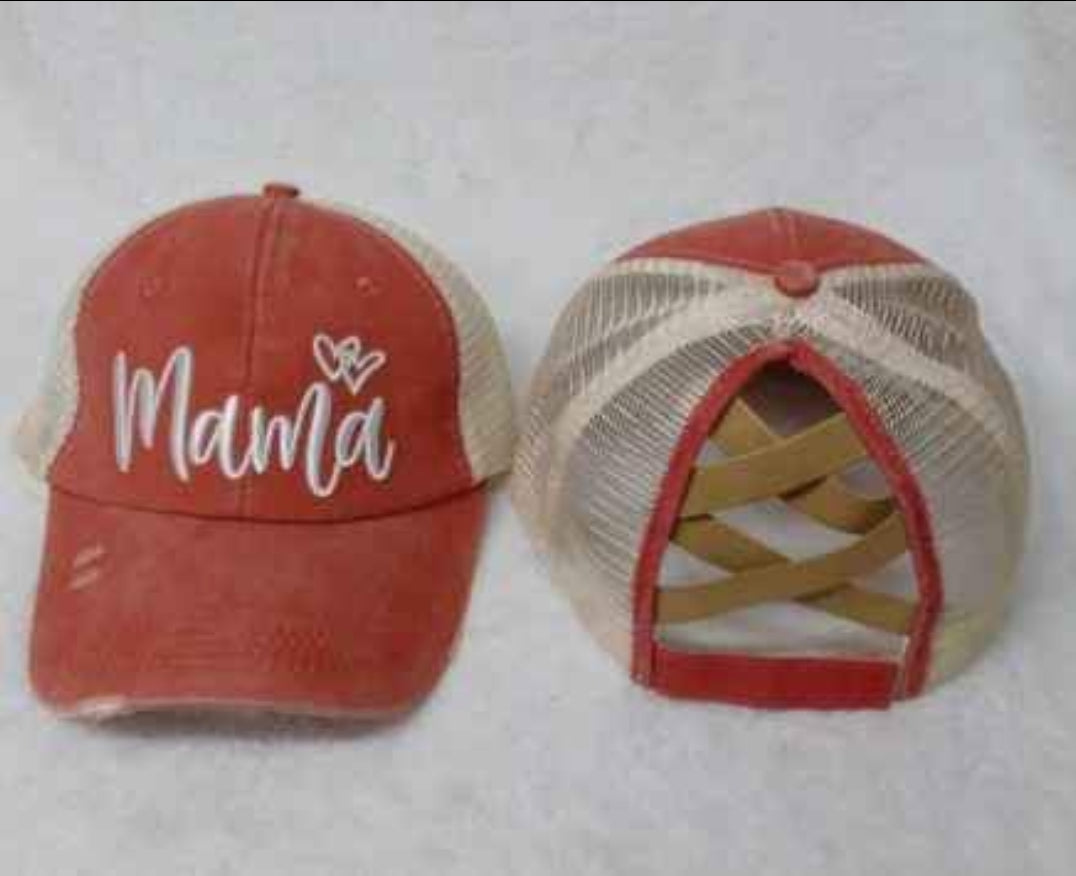 Distressed Embroidered Mama Criss Cross Ponytail Hat - 4 color options - Gals and Dogs Boutique Limited
