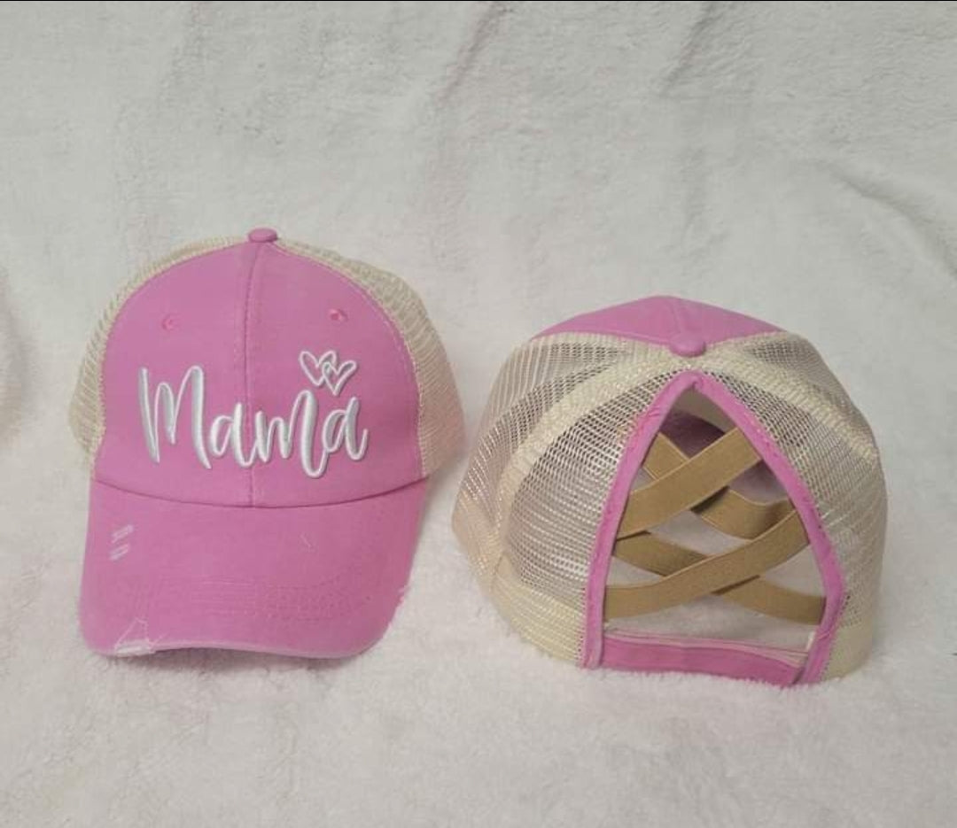 Distressed Embroidered Mama Criss Cross Ponytail Hat - 4 color options - Gals and Dogs Boutique Limited