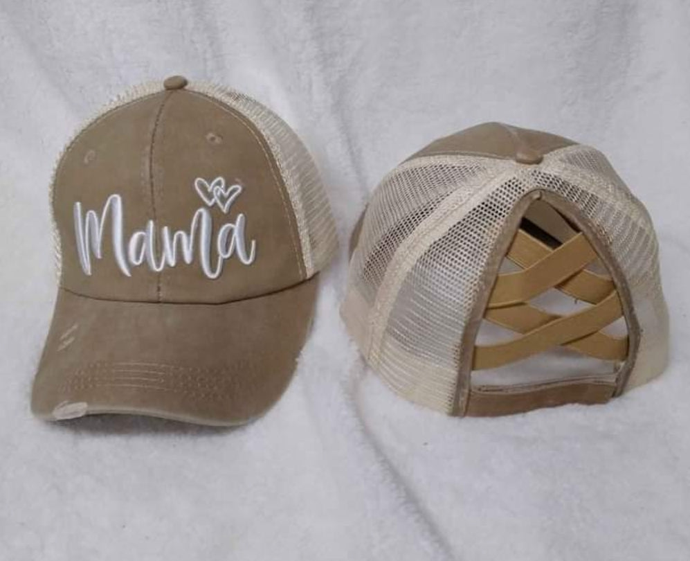 Distressed Embroidered Mama Criss Cross Ponytail Hat - 4 color options - Gals and Dogs Boutique Limited