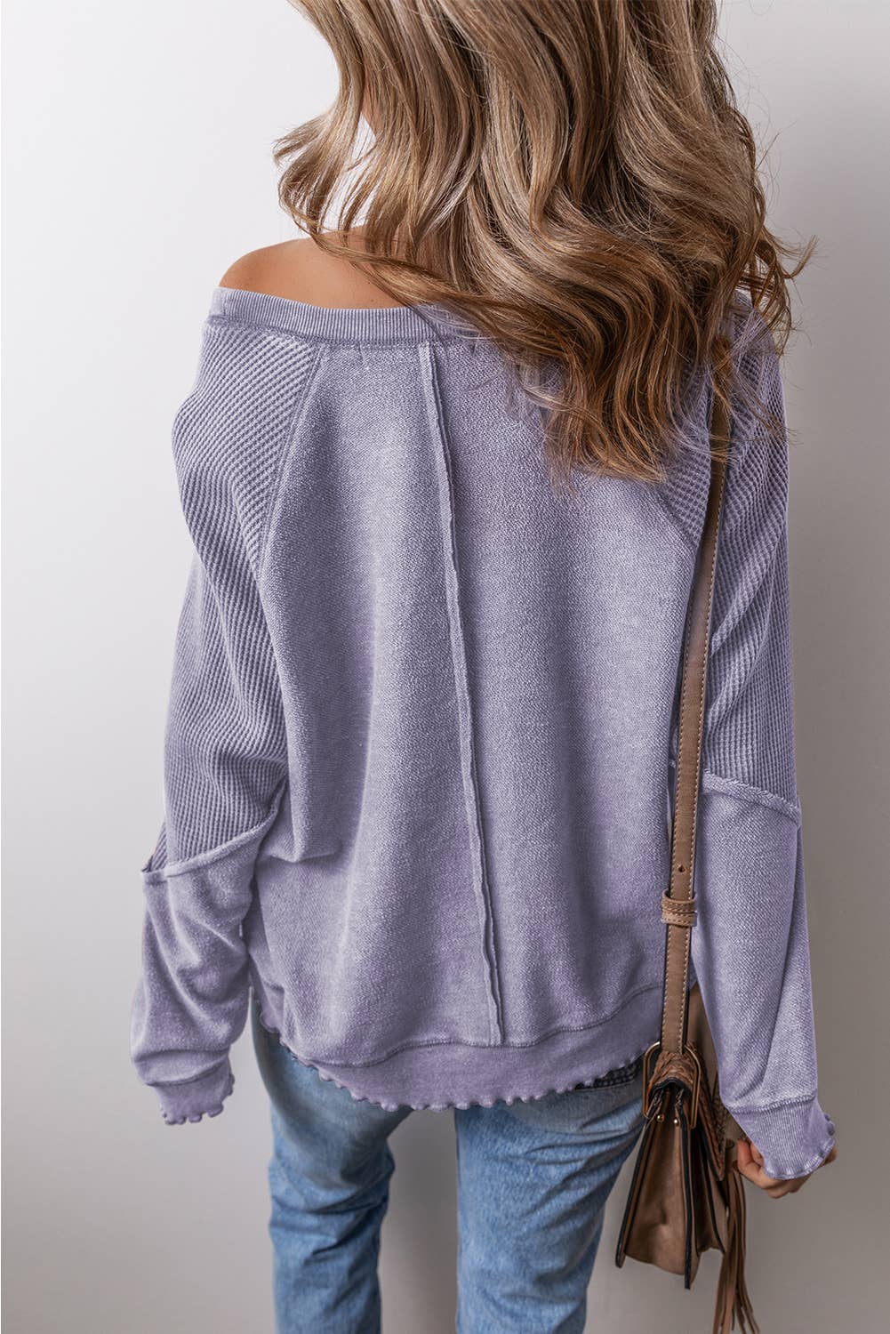 Waffle Knit Patchwork Exposed Seam Raglan Sweatshirt: Orchid