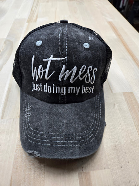 Distressed Hot Mess Doing my Best Criss Cross Ponytail Hat - - Gals and Dogs Boutique Limited