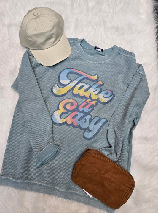 Take it Easy Charles River Camden Oversized Corded Crew Neck Sweatshirt- Bay