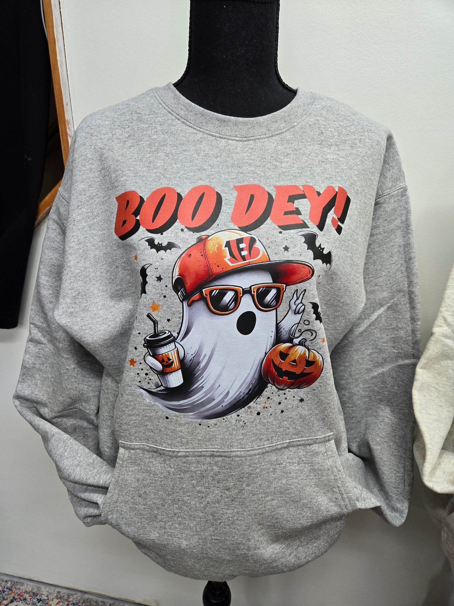 Boo Dey! Spooky Cute Bengals Fan Crewneck Sweatshirt with front pocket - 2 Options