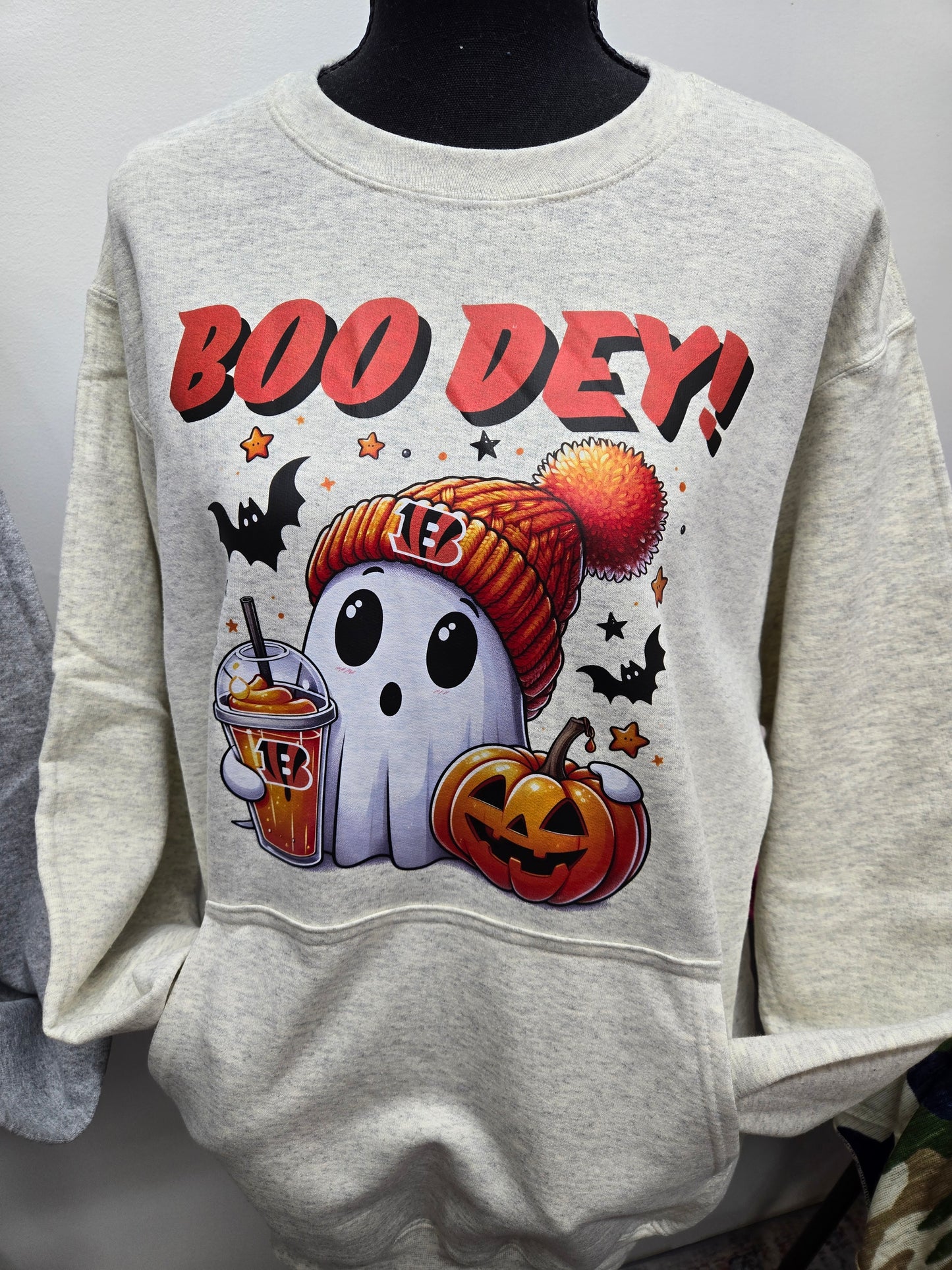 Boo Dey! Spooky Cute Bengals Fan Crewneck Sweatshirt with front pocket - 2 Options