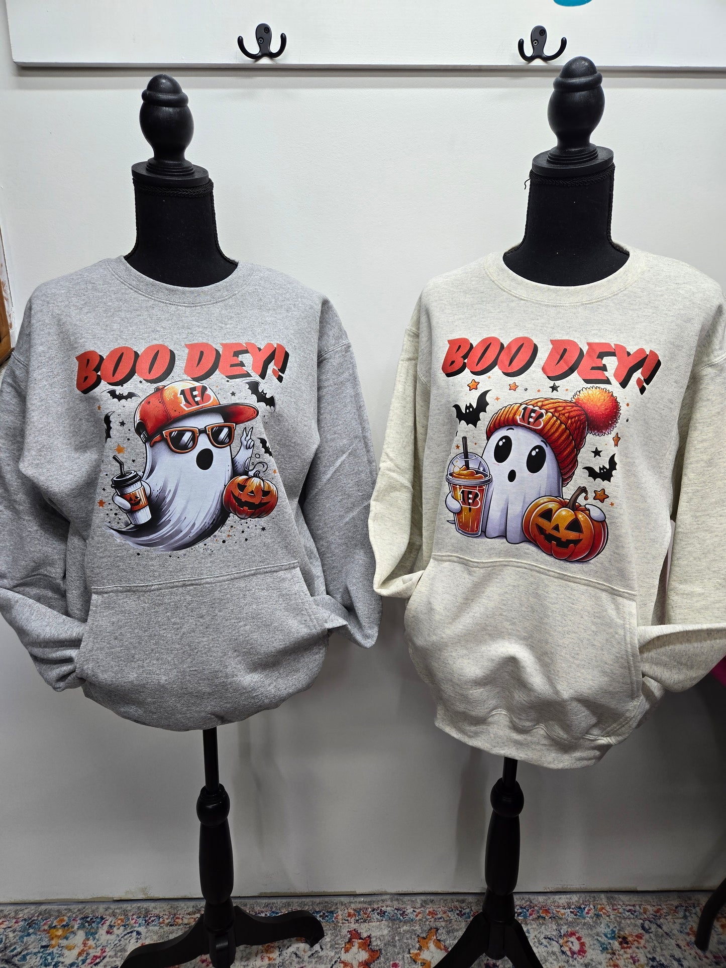 Boo Dey! Spooky Cute Bengals Fan Crewneck Sweatshirt with front pocket - 2 Options