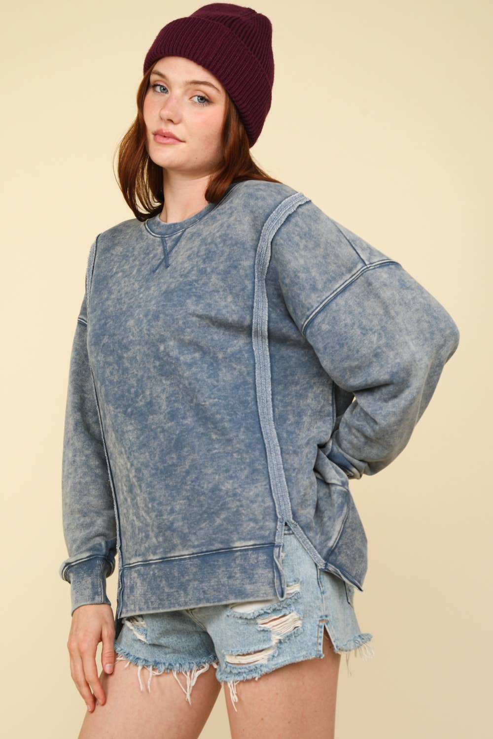 Mineral Washed French Terry Oversized Knit Top: DENIM