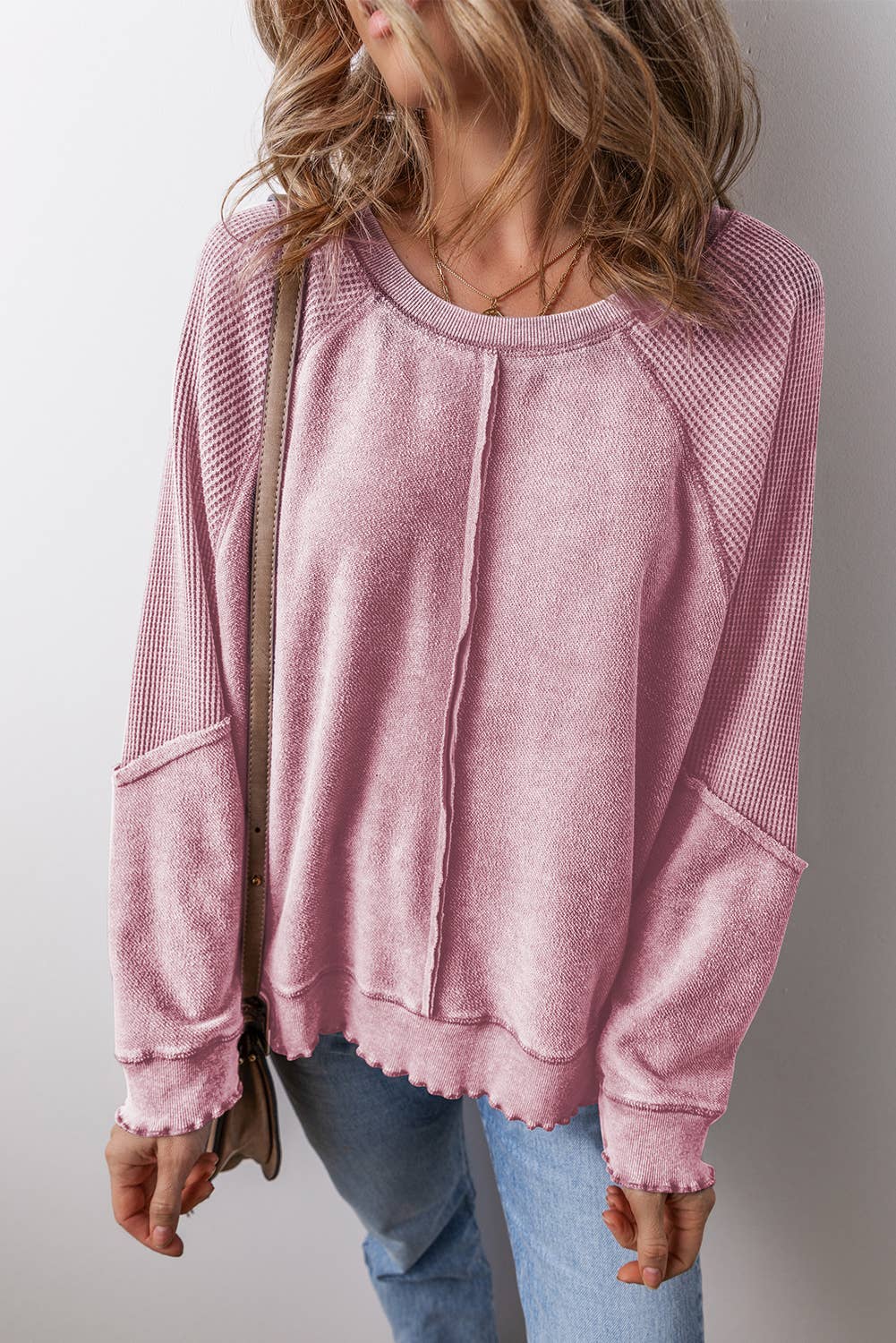 LDC Waffle Knit Patchwork Exposed Seam Raglan Sweatshirt: Pink