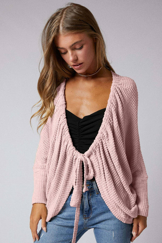 Ruched Tie Front Cocoon Cardigan: PALE MAUVE