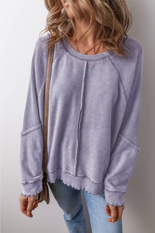 Waffle Knit Patchwork Exposed Seam Raglan Sweatshirt: Orchid