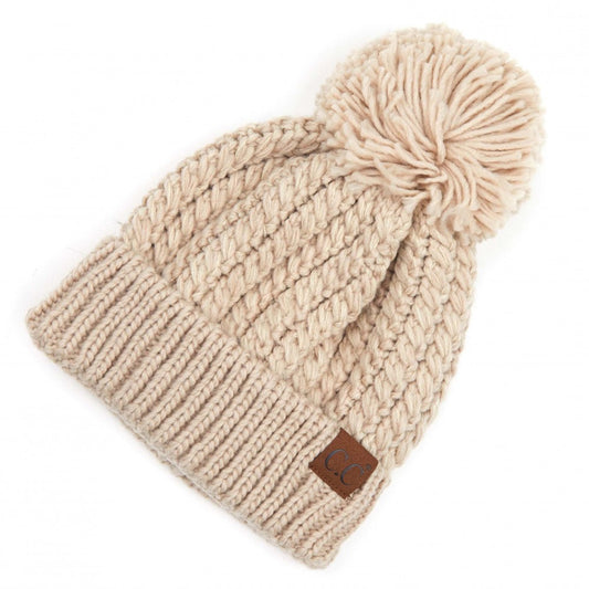 Twisted Mock Cable Knit Pom Beanie- Cream