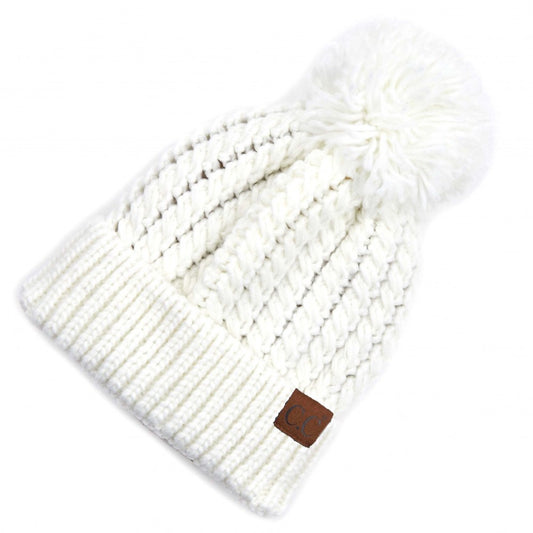 Twisted Mock Cable Knit Pom Beanie- White