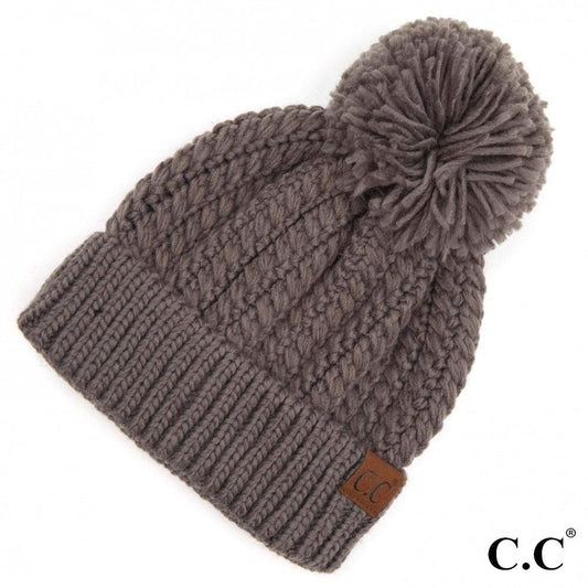 Twisted Mock Cable Knit Pom Beanie- Gray