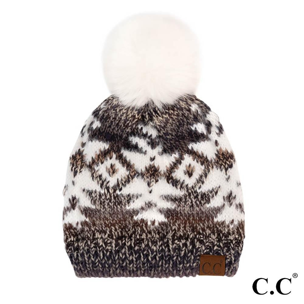 Gray Tones Yarn Aztec Beanie Hat With Ivory Faux Fur