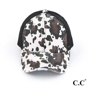 Distressed Cow Print Criss Cross Pony Cap with Mesh Back