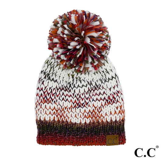 Variegated Crochet Pattern Jacquard Beanie With Faux Fur Pom