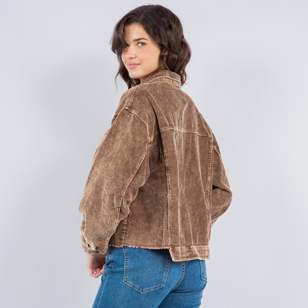 Delilah Distressed Corduroy Shacket With Raw Front Hem-3 Color Options