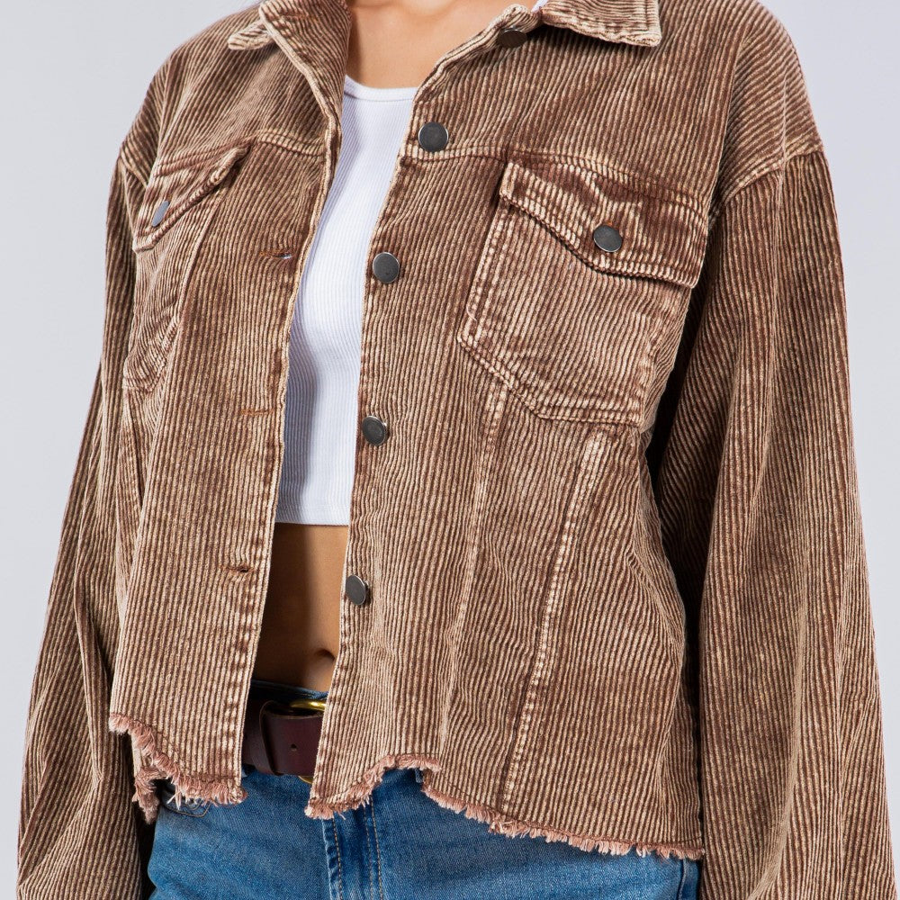 Delilah Distressed Corduroy Shacket With Raw Front Hem-3 Color Options