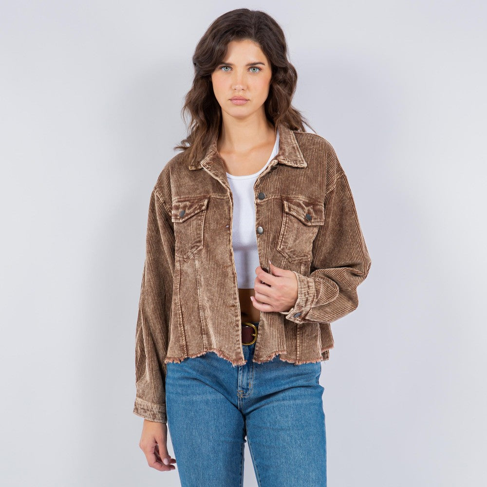 Delilah Distressed Corduroy Shacket With Raw Front Hem-3 Color Options