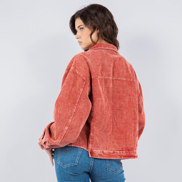 Delilah Distressed Corduroy Shacket With Raw Front Hem-3 Color Options