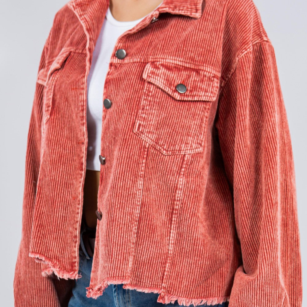 Delilah Distressed Corduroy Shacket With Raw Front Hem-3 Color Options