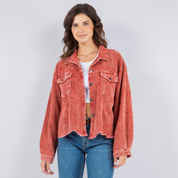 Delilah Distressed Corduroy Shacket With Raw Front Hem-3 Color Options