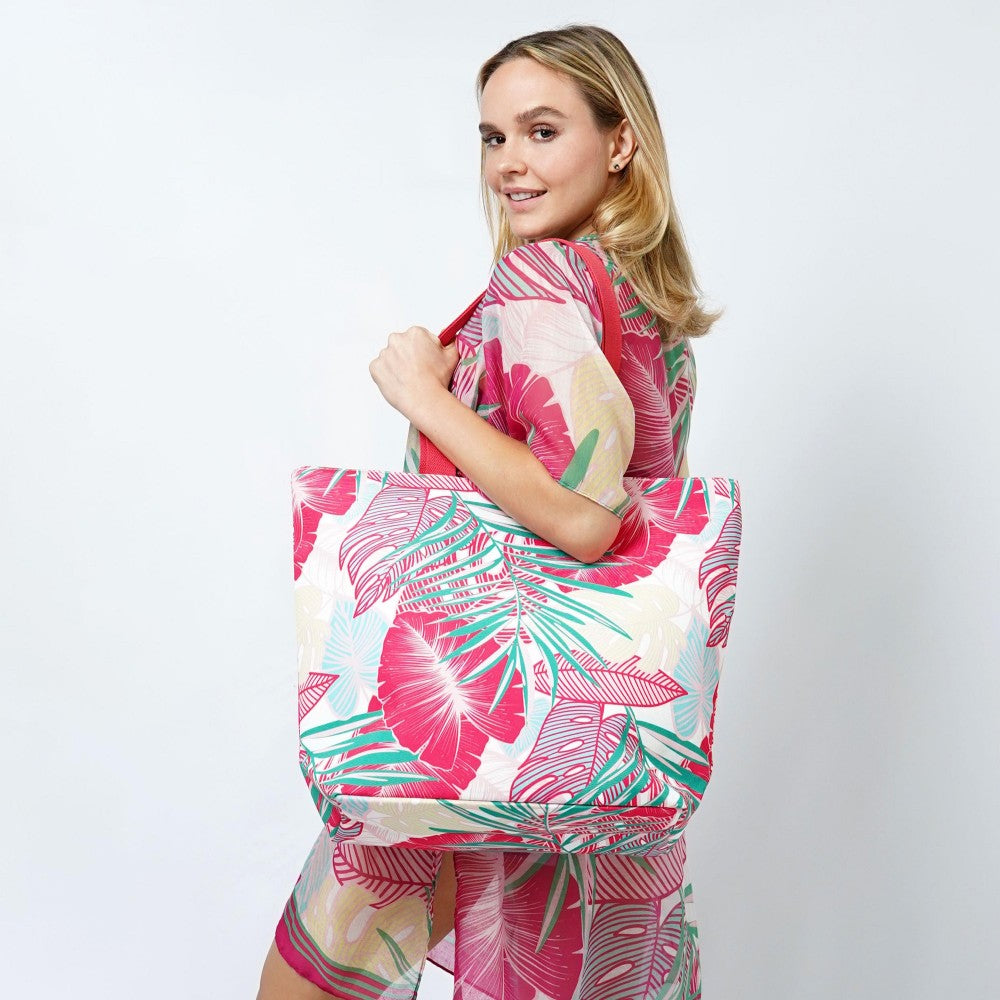 Palm Leaf Printed Canvas Beach Bag