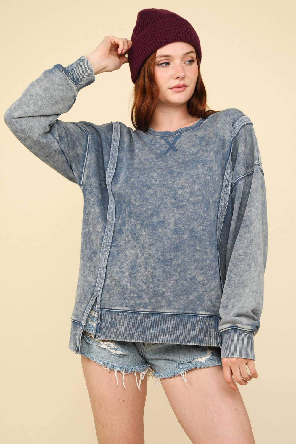 Mineral Washed French Terry Oversized Knit Top: DENIM