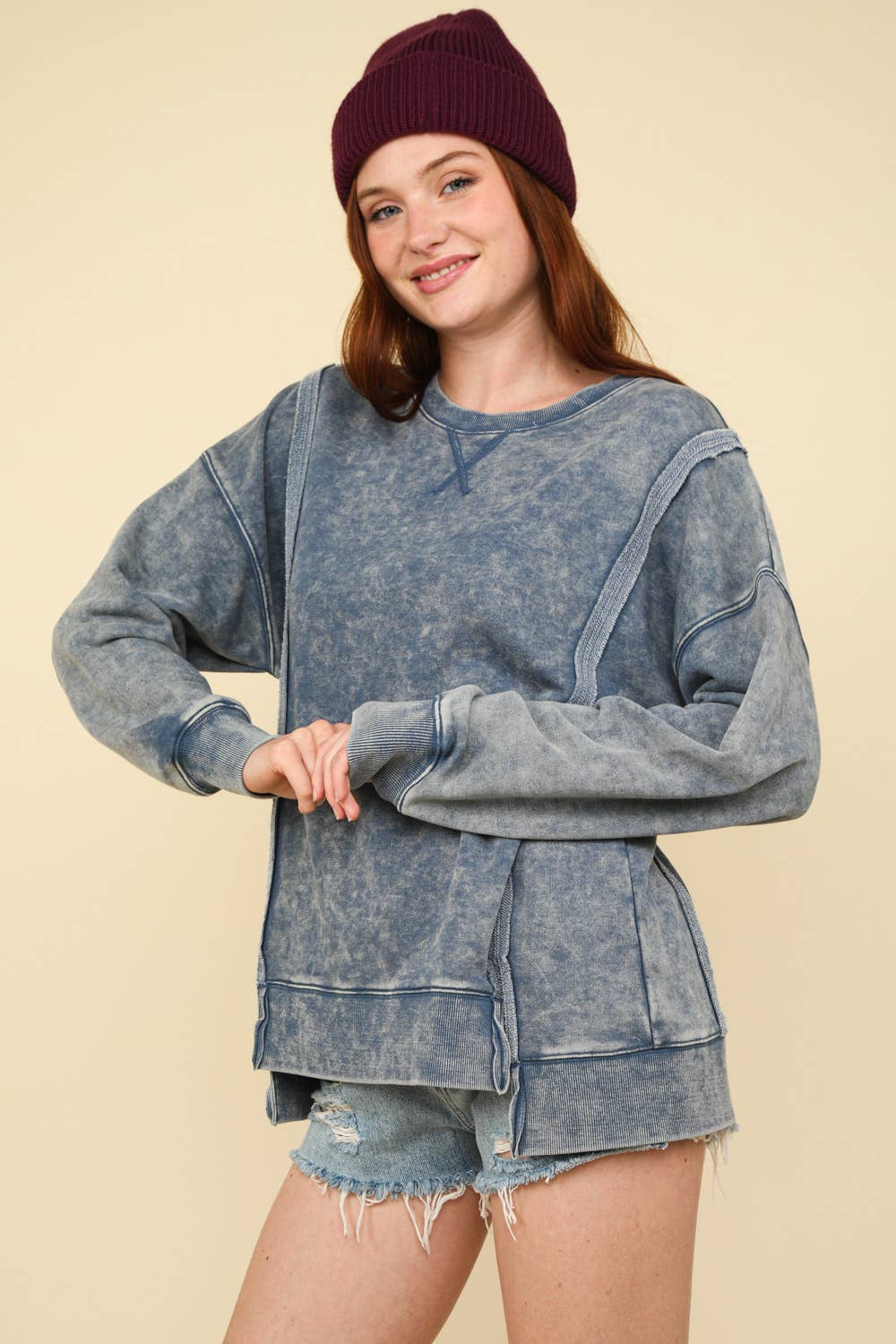 Mineral Washed French Terry Oversized Knit Top: DENIM