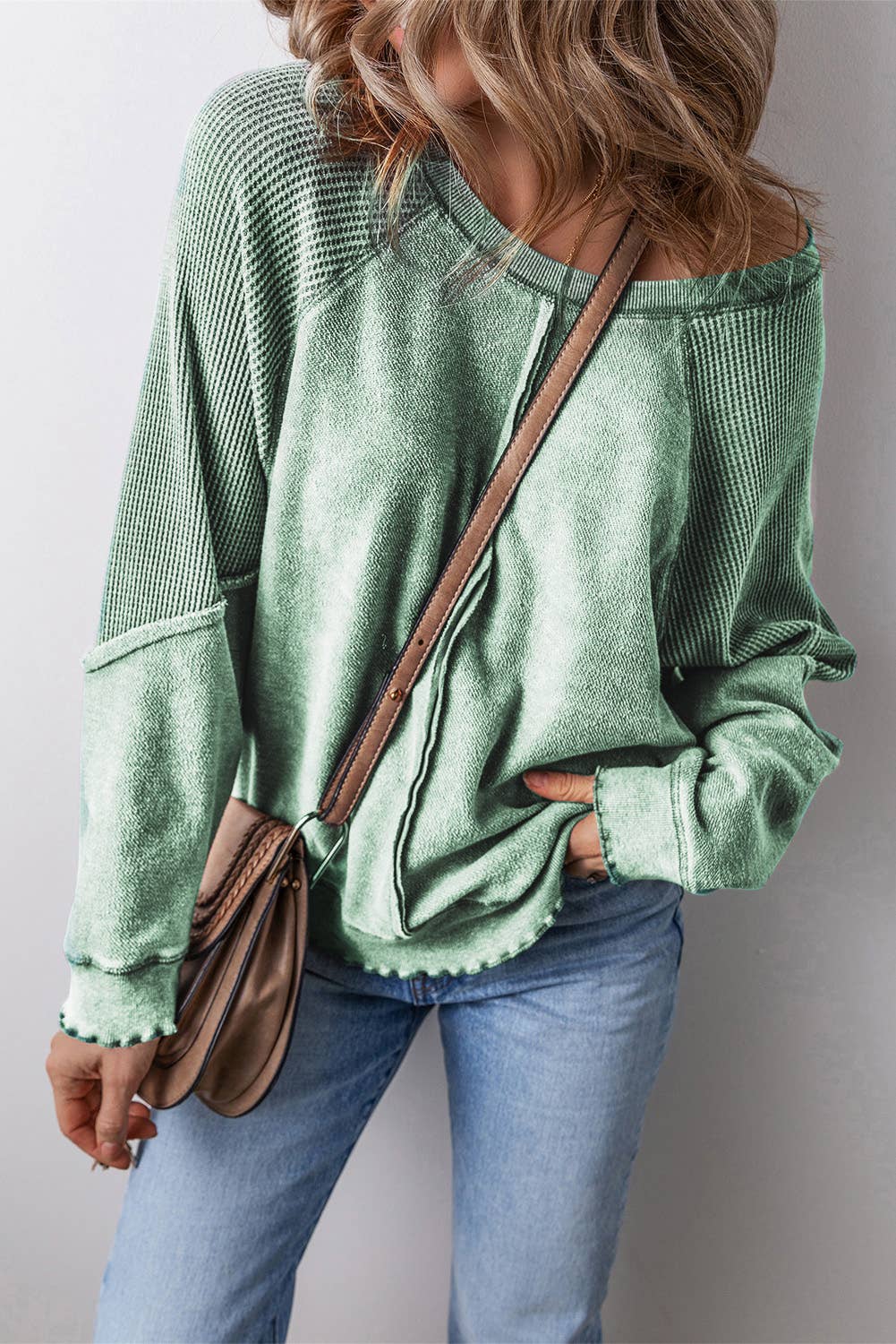 Waffle Knit Patchwork Exposed Seam Raglan Sweatshirt: Mineral Green