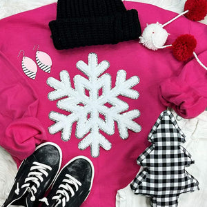 Chenille Snowflake Patch on Pink Crewneck Sweatshirt