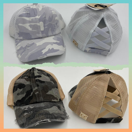 Kids C.C. Camo Distressed Criss Cross Ponytail Hats - Gals and Dogs Boutique Limited