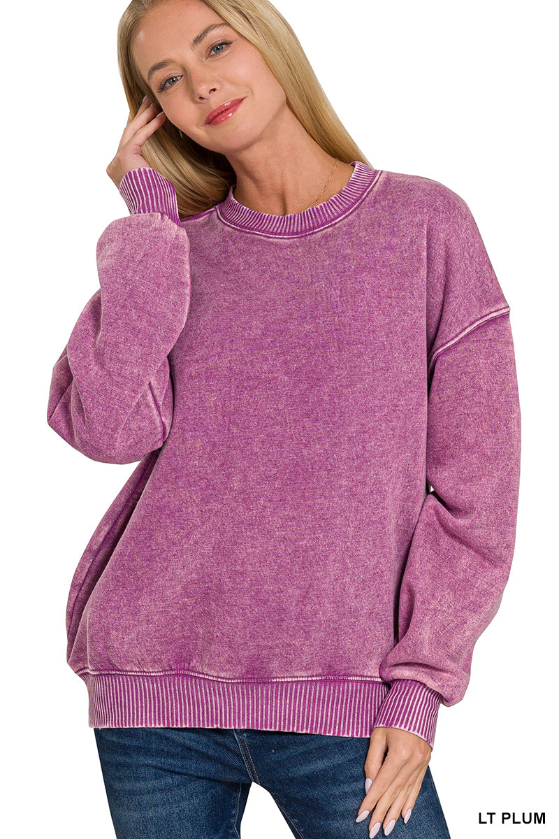 Acid Washed Oversized Fleece Sweatshirt Pullover: LT Plum