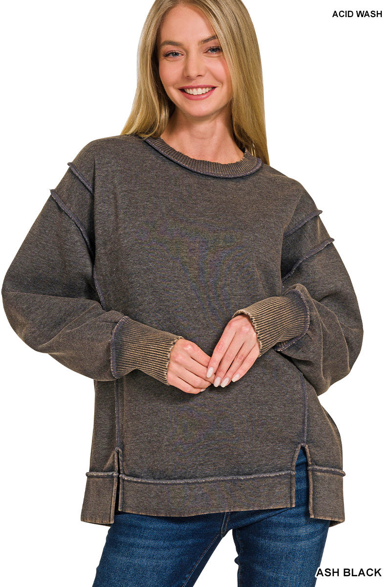 Acid wash exposed-seam fleece sweatshirt