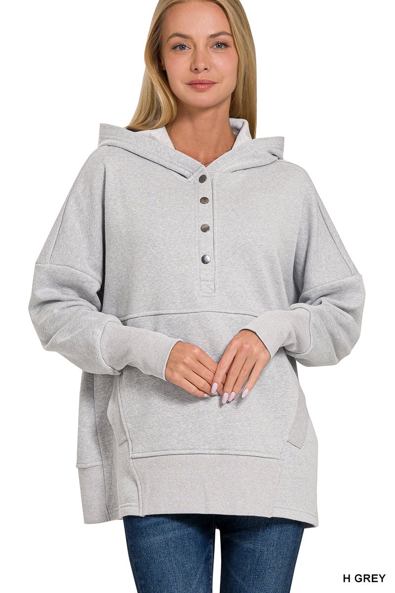 HALF BUTTON FLEECE HOODED PULLOVER WITH KANGAROO POCKET