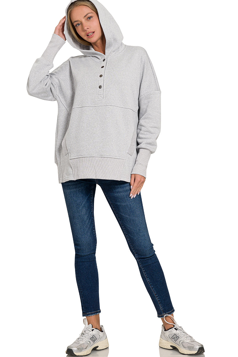 HALF BUTTON FLEECE HOODED PULLOVER WITH KANGAROO POCKET