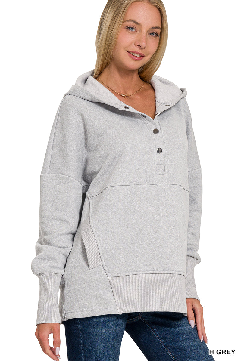 HALF BUTTON FLEECE HOODED PULLOVER WITH KANGAROO POCKET