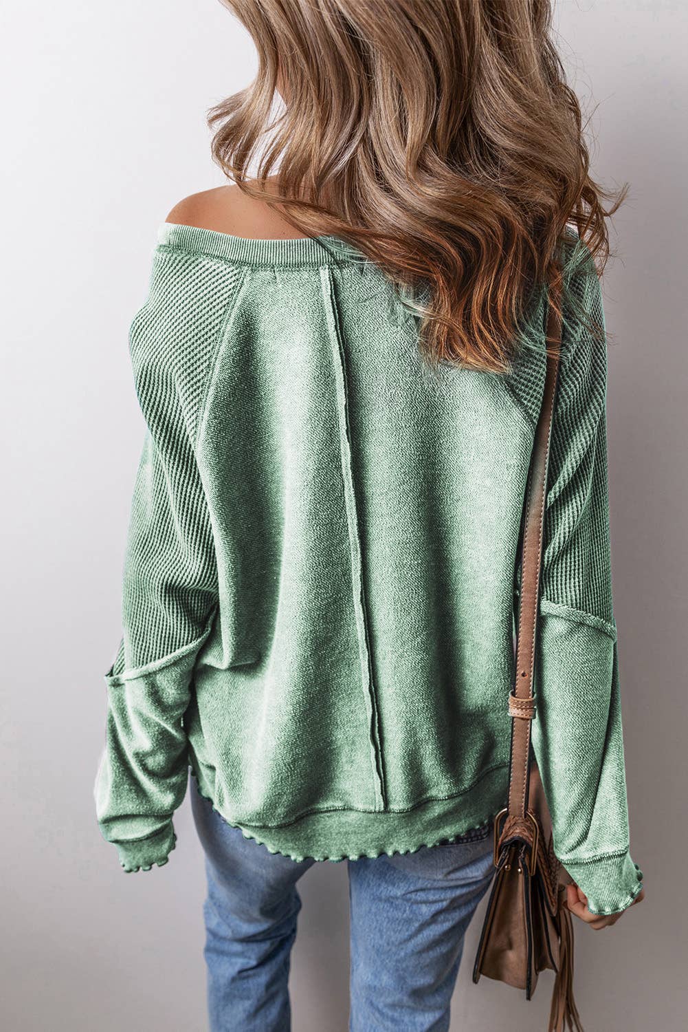 Waffle Knit Patchwork Exposed Seam Raglan Sweatshirt: Mineral Green